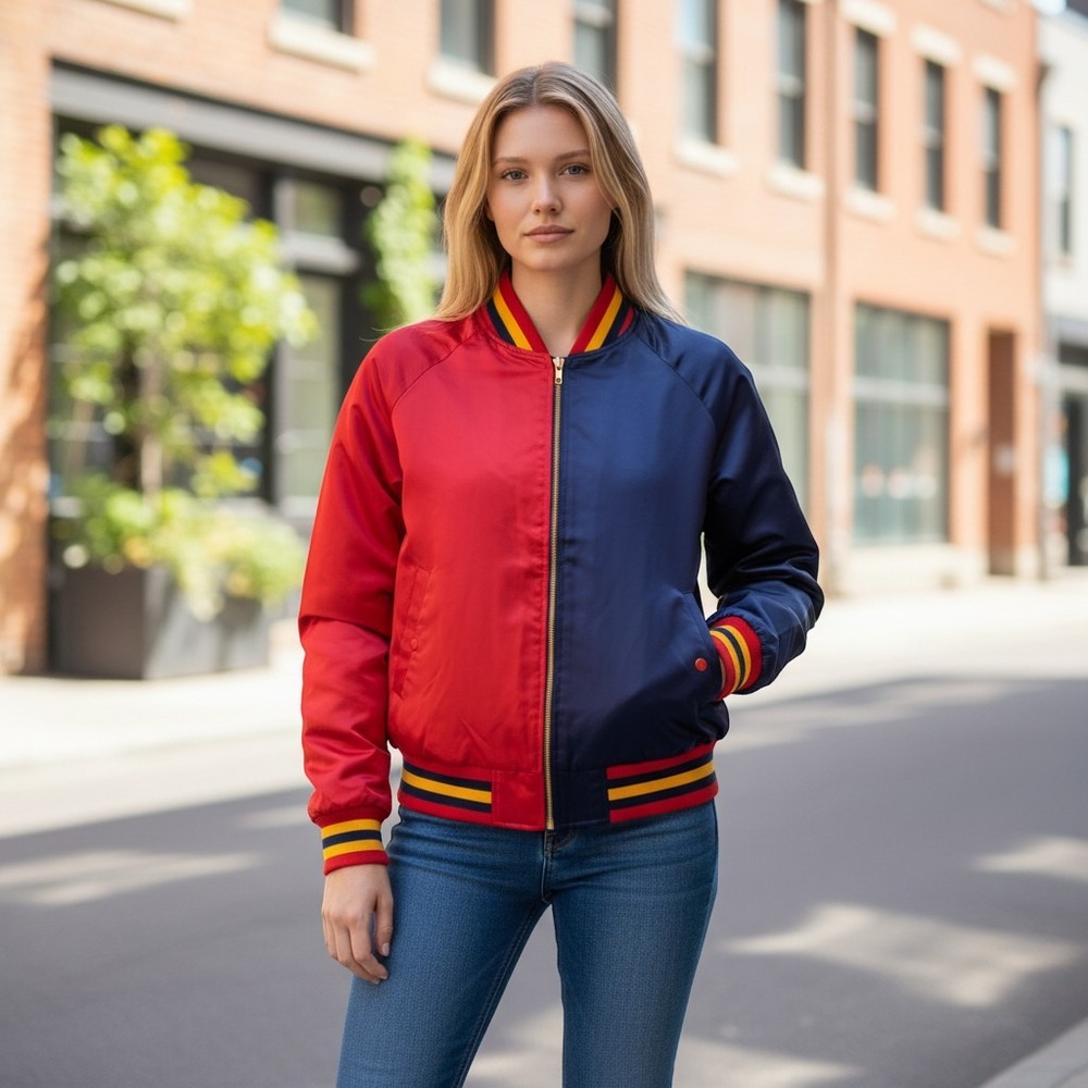 Suicide Squad Harley Quinn Property of Joker Bomber Jacket Red Blue Satin Large